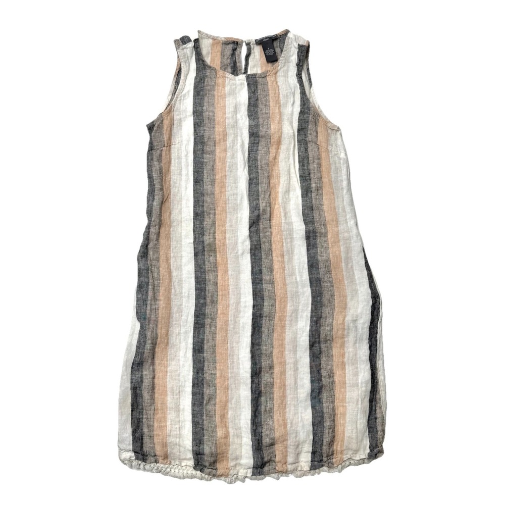 Chelsea and Theodore 100% Linen Sleeveless Striped Fringe Hem Dress Size S Small